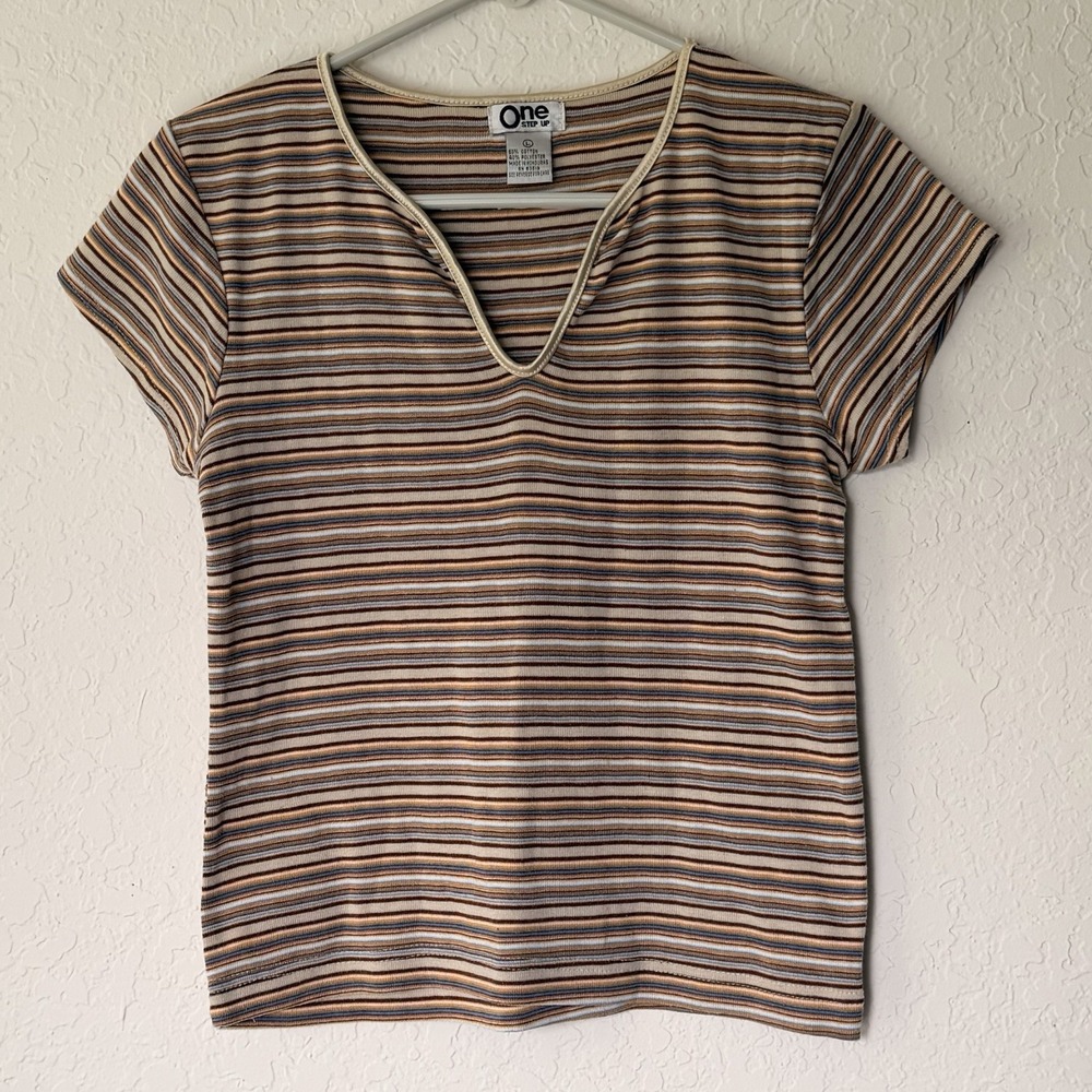 90s Y2K Striped Top Baby Tee Brown Blue Size Large Mall Knit Stretch Cap Sleeve